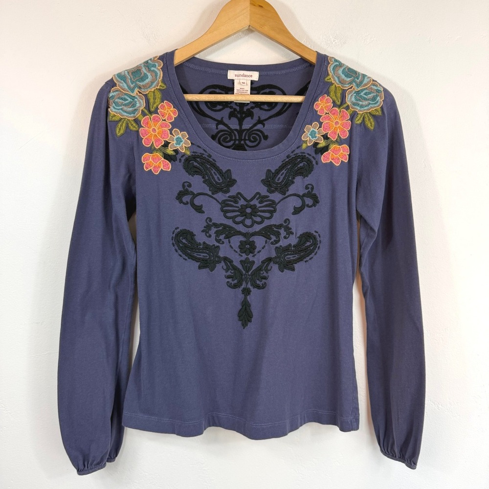 Sundance Embroidered Floral Long Sleeve Top Paisley Boho Folk Artsy Whimsygoth M